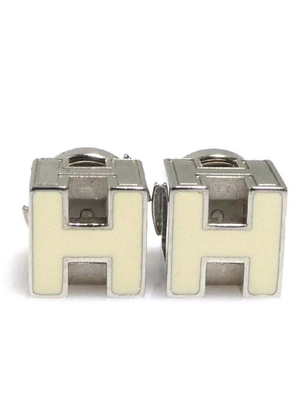 HERMES H Cube Pierce Earrings Silver/Off White Metal/Enamel